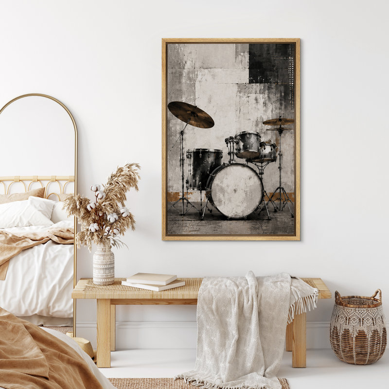 «Classic Drum Set Music Studio Artwork», reproduction d'art sur toile encadrée, 24" H x 16" W, Natural