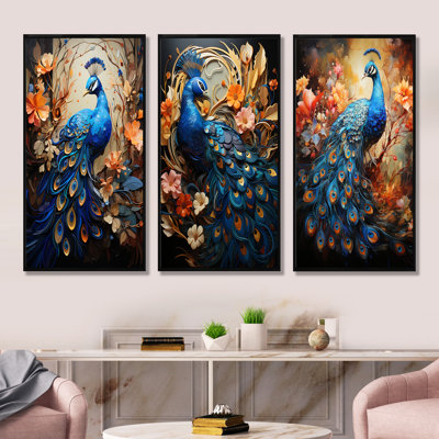 Majestic Blooming Plumage Peacock - Peacock Canvas Art Print Set Of 3