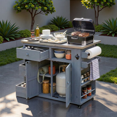 Îlot de cuisine extérieur avec plateau en acier inoxydable, support à épices latéral, tiroirs, support à papier, porte-serviettes et tablette ouverte