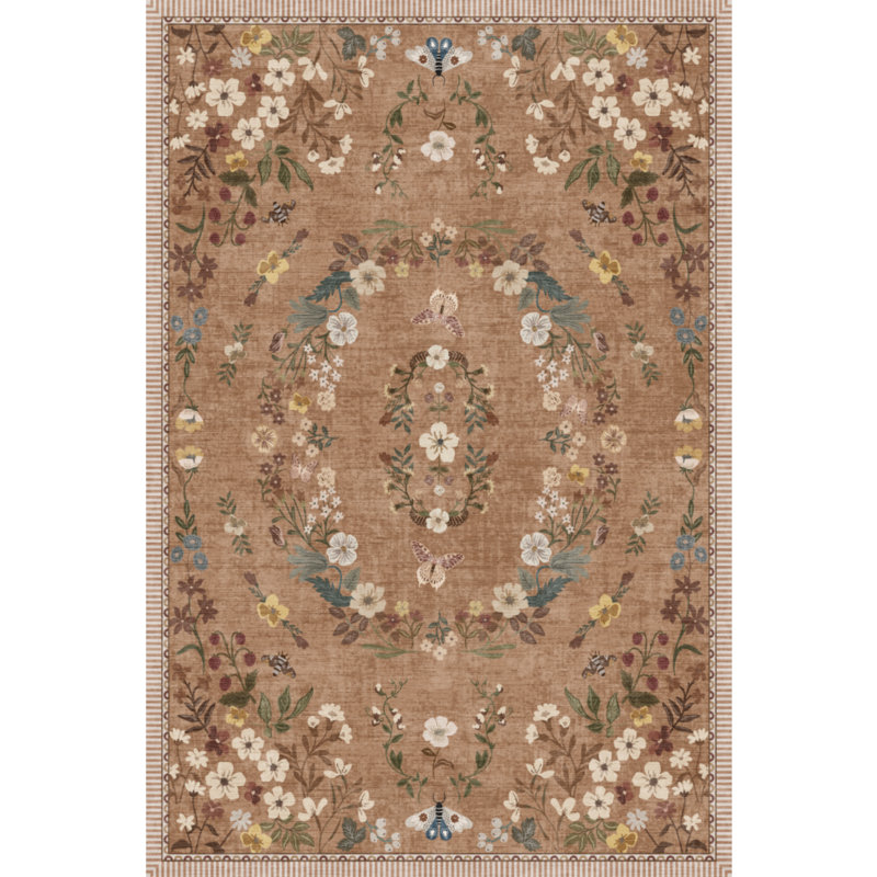 Modern Floral Machine Washable Area Rug Washable Area Rug, Low-Profile Non-Slip Backing Durable Edge Binding, Vintage Large Rugs for Living Room, Bedroom, Dining Room Brown 2*6