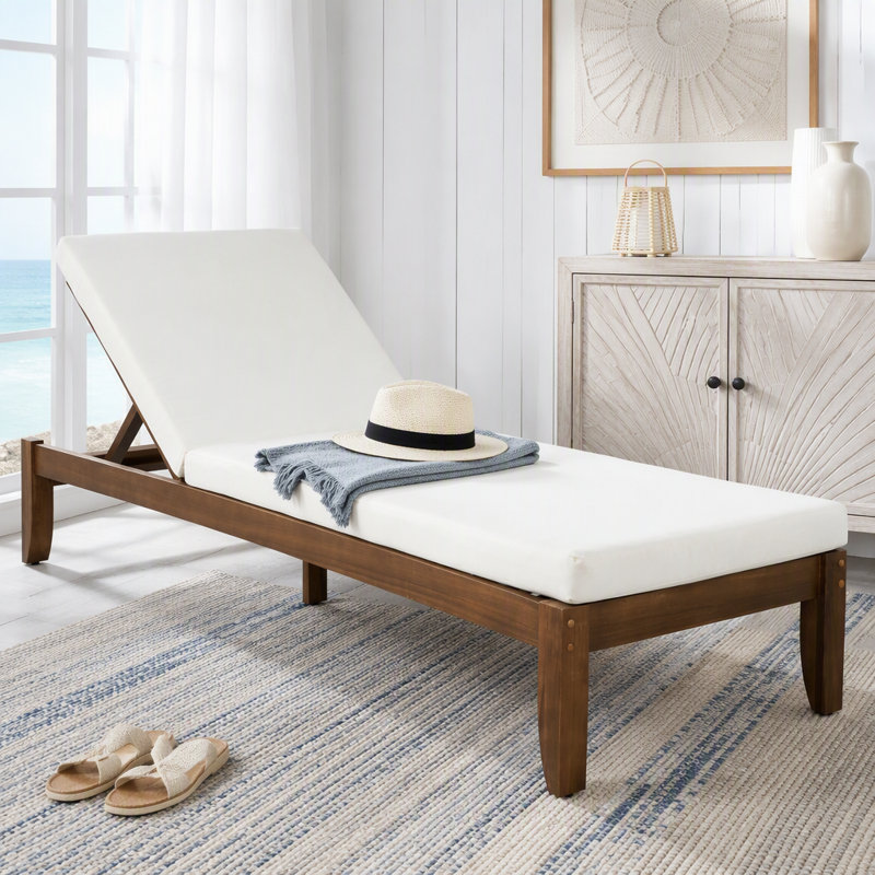 Chaise longue d'extérieur réglable avec coussin imperméable, L 24,8 po, Beige, noyer