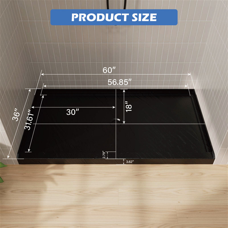 60" W X 36" D Acrylic Shower Base, Composite Single Threshold Shower Pan, Center Drain Slip-Resistant
