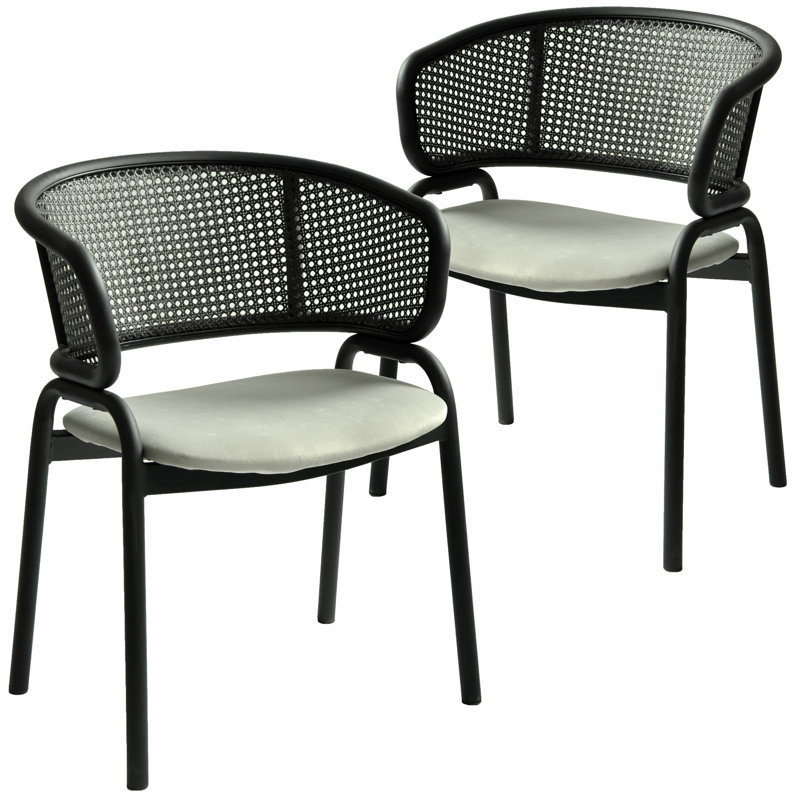 Chaise de salle à manger rembourrée avec dossier en osier Daishun série Daishun, Ensemble de 2, Gris