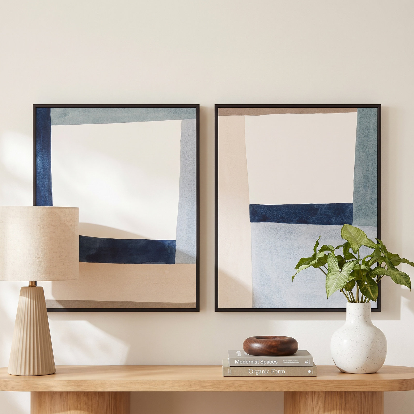 Composition in Blue 2-Piece Print Set, 38" H x 60" W, Picture Framed Canvas, Black