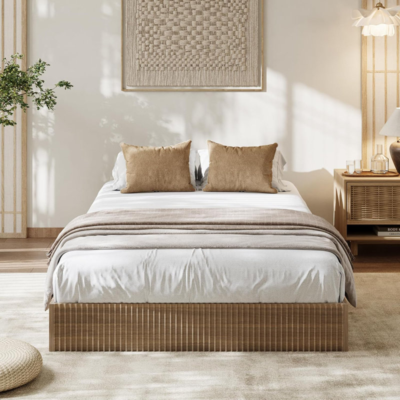 Wood Bed Frame, Wooden Platform Bed with Fluted Design, Twin Bed Frame with Study Support, No Box Spring Needed, Twin, Walnut