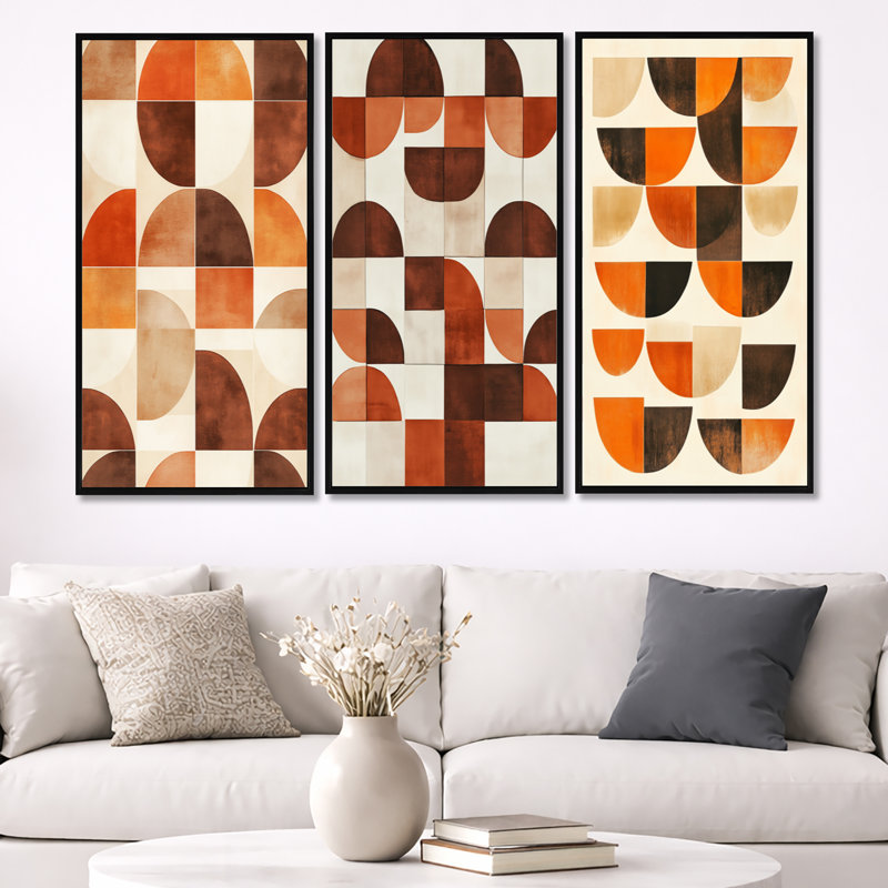 «Crescent Rhythm in Terracotta - Brown Abstract Mid-century», reproduction de toile encadrée 3 pièces, 32" H x 48" W