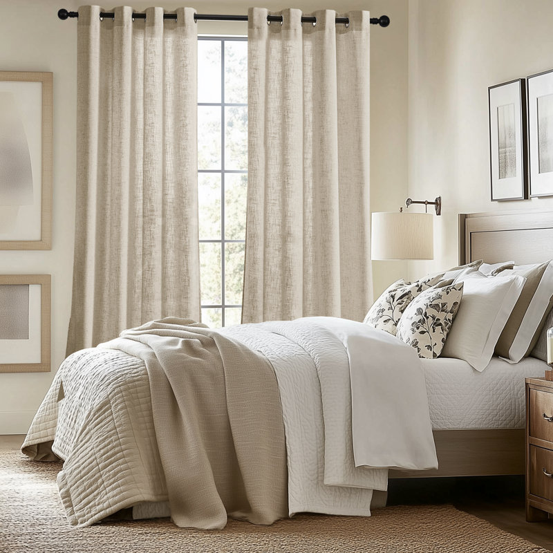 Linen Blend Semi Sheer Curtain Panel Pair, 168cm Width x 183cm Drop, Beige