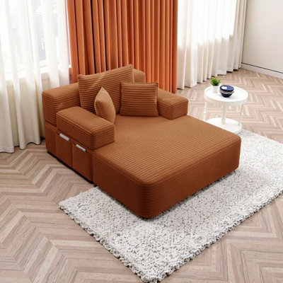 Chaise longue convertible Resta en velours côtelé duveteux avec poches de rangement et 3 coussins