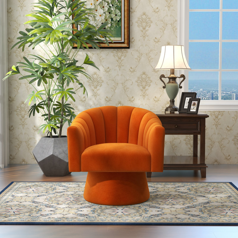 Fauteuil demi-tonneau pivotant de 25,2 po Iryanna, Velours orange, 1