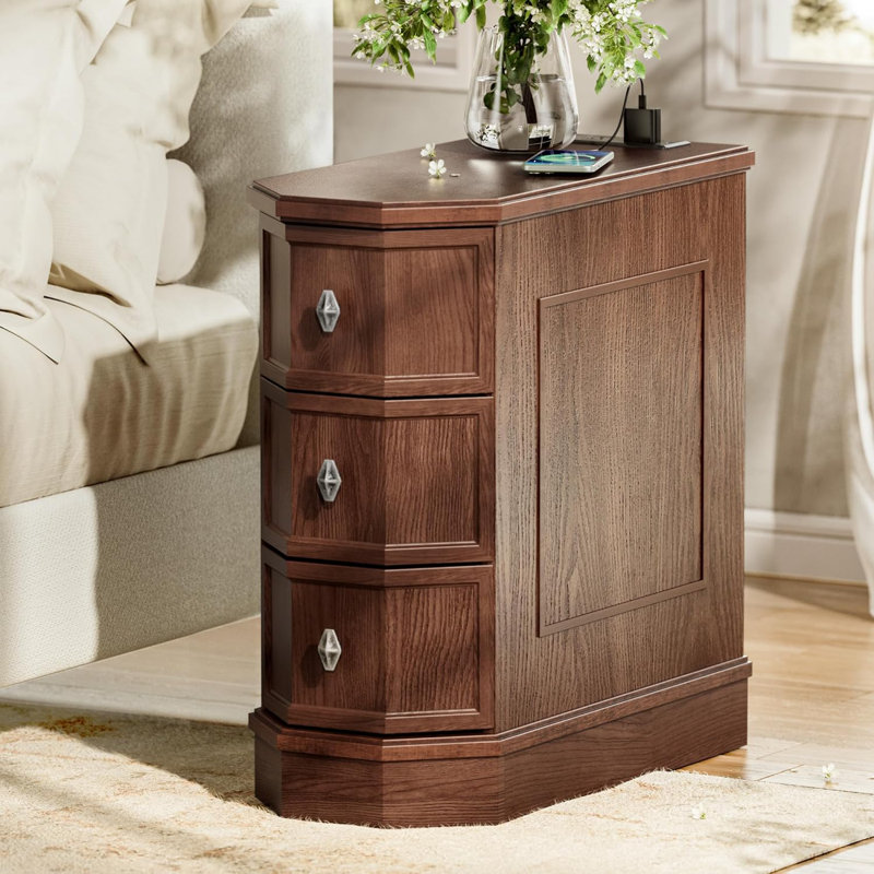 Bedside Table With Charging Station, Brown