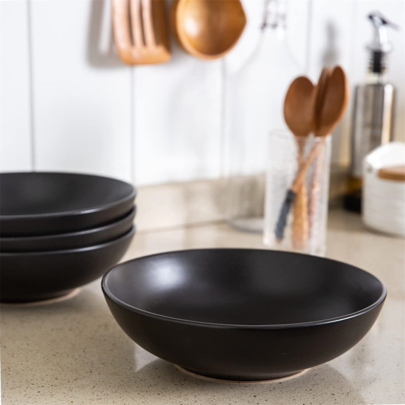 Matte Black Ceramic Microwave Safe Pasta Bowls Set