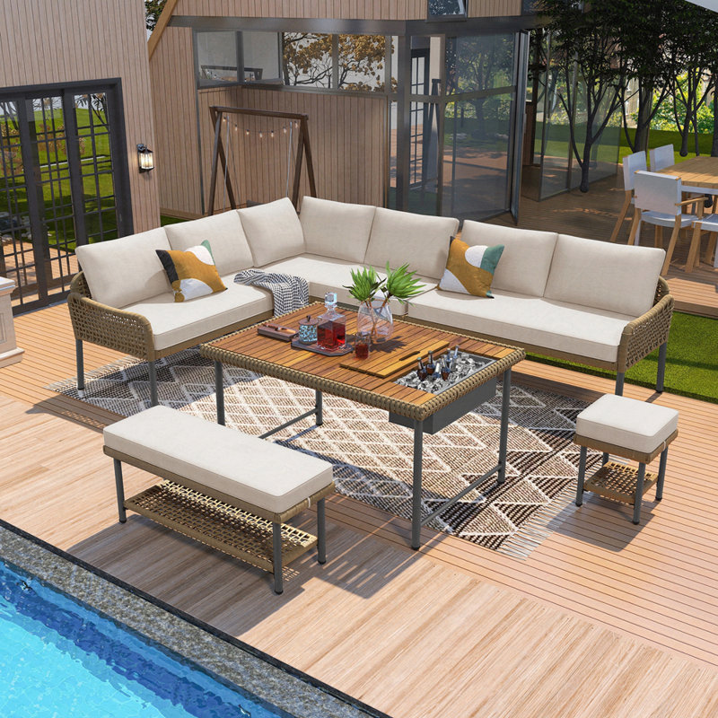 Ensemble de canapé modulaire d'extérieur avec table en bois d'acacia et glacière, Coussin beige / structure brune