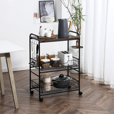 Chariot de cuisine en noyer à 3 niveaux avec 2 crochets coulissants et latéraux, compact pour un rangement efficace