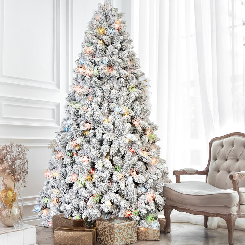Arbre de Noël de 6 pi avec apparence floquée, 350 lumières multicolores colorées, 36 lumières en pin naturel, 888 pointes enneigées, branches articulées et base stable - pour un assemblage rapide, stabilité du support en métal