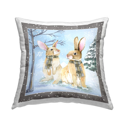 Winter Snowy Rabbit Scarf Duo Printed Throw Pillow Design By ND Art