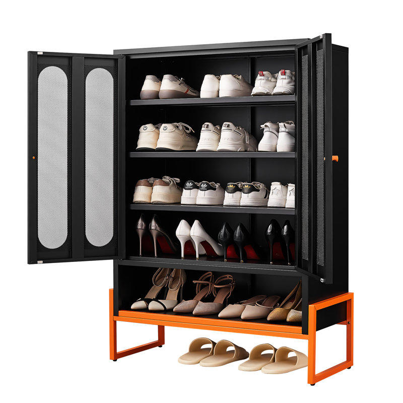5.9" Standing Foot Design Double - Door Shoe Cabinet, Breathable Mesh To Keep Interior Dry, Two Adjustable Partitions, , Freestanding Metal Cabinet For Primary Living Sided With High Foot, Partitions