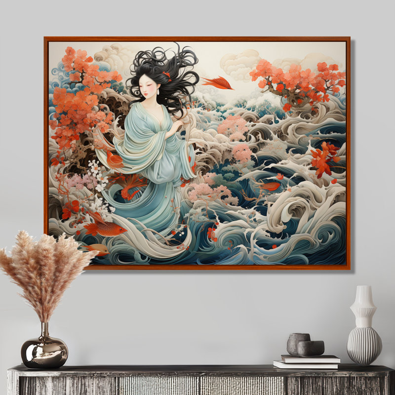 «China Art Silk Emb broderie», reproduction d'art sur toile encadrée, 30" H x 40" W, Cadre flottant brun