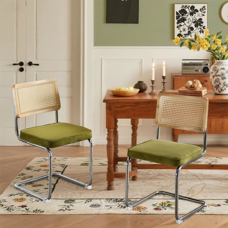 Crumley Upholstered Side Chair With Cane Rattan Back And Steel Frame, Green