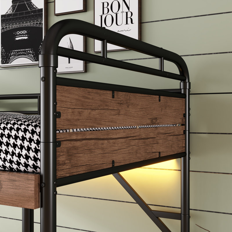 Twin Xl Over Twin Xl Metal Bunk Bed With Led Lights, Usb Charging Station, 2 Storage Drawers - Detachable Design, Rounded Edges For Safety, Black