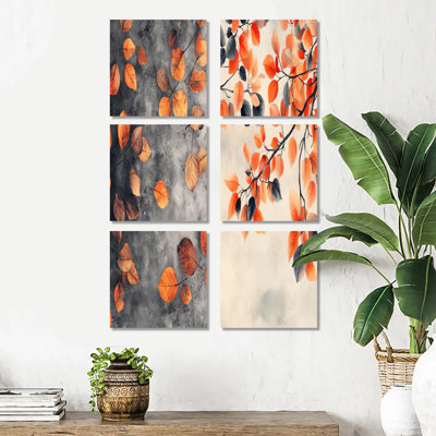 Feuilles d'automne orange - ensemble d'art mural floral de 6