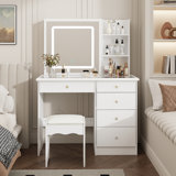 Vanity Desk Set Makeup Table with Large Sliding Lighted Mirror & Top, Modern Dressing Table with Drawers, Storage Shelves & Stool for Bedroom, White, 50.1 cm(W)× 100 cm(D)× 135 cm(H)