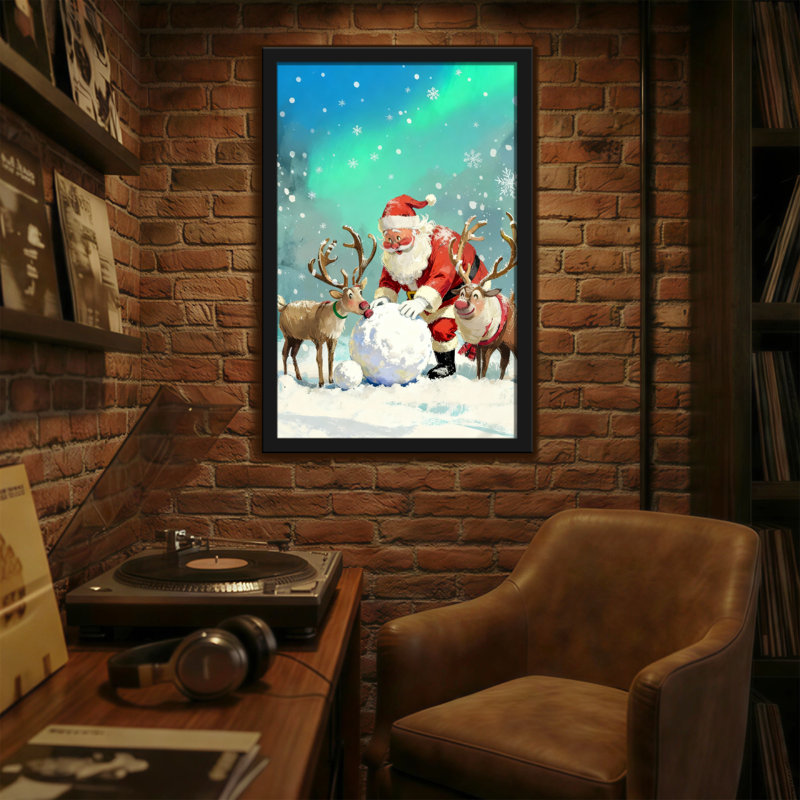 Noël, père Noël et renne dans un paysage enneigé, H 18 po x l 12 po