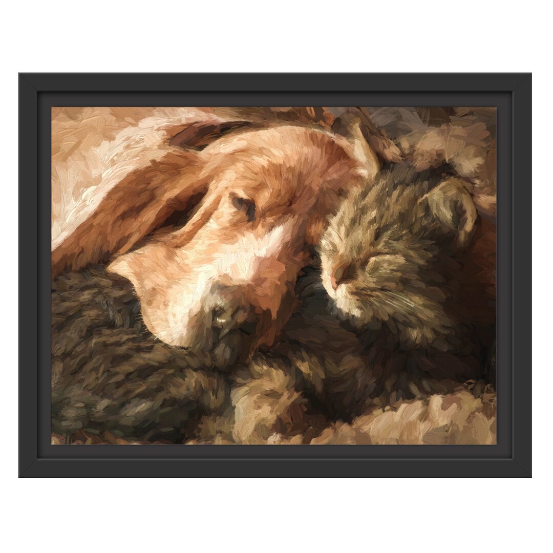 Gerahmtes Wandbild Katze und Hund kuschelnd Kunst