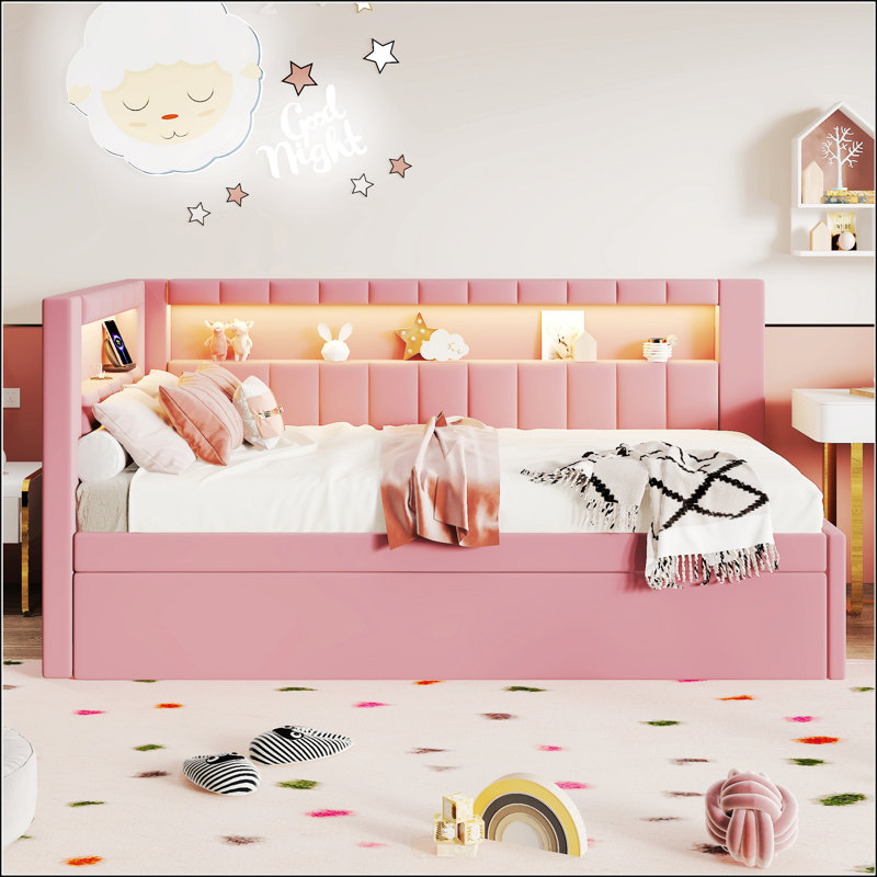 Lit plateforme tapissier simple, Rose
