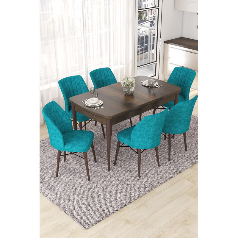 Ensemble de table et chaises de salle à manger extensible (7 pièces), baroque et turquoise | 100% panneau de fibres à densité moyenne, pieds en bois, structure de chaise en métal | Table: 44,9 po x 30,7 po x 27,6 po (ouverture: 56,7 po) | Chaises: 17,7 po x 35,4 po x 16,5 po | Solution de salle à manger moderne et familiale