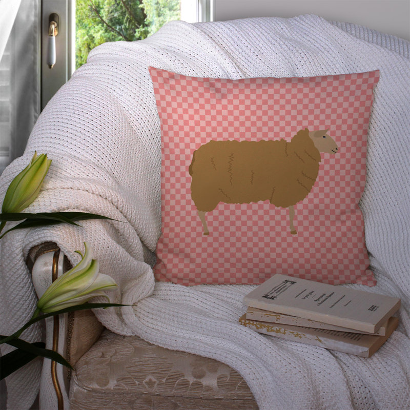 Coussin décoratif d’extérieur carré à damier ovin, Rose, 14 po x 14 po