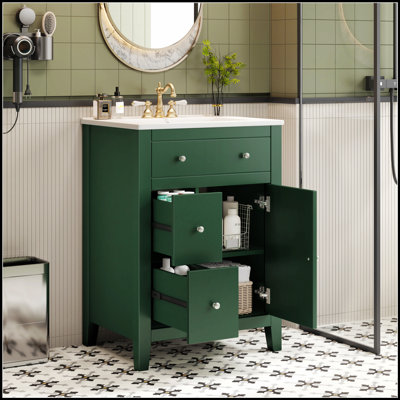 Meuble-lavabo moderne de 24 pouces avec lavabo en céramique, charme rustique et rangement pratique pour les petites salles de bain