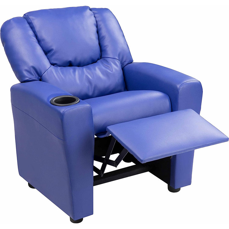 Roomy Kids' Recliner Chair with Cup Holder, Toddler Recliner With Push-Back Design, and Adjustable Footrest, Navy PVC