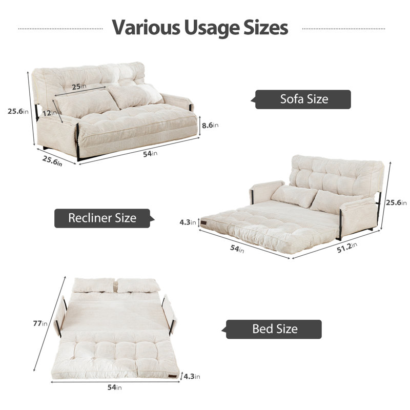 Bean Bag sofa,Floor Sofa Bed, Beige Corduroy, 25.6" H x 54" W x 25.6" D