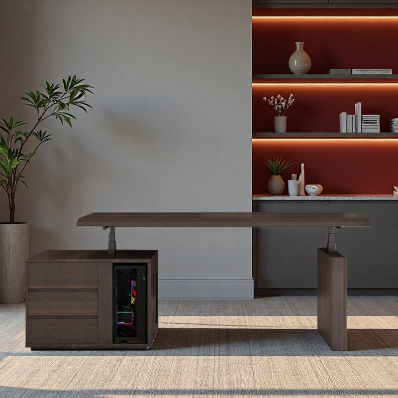 Height-adjustable desk computer table, 52.76" H x 62.99" W x 25.59" D, Brown