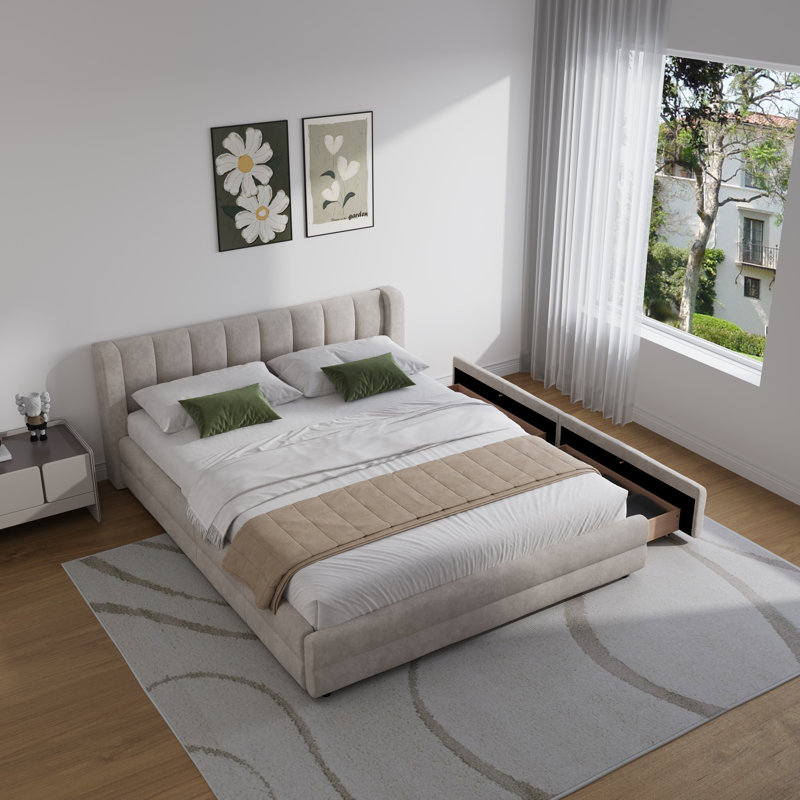 Structure de lit plateforme en chenille avec tête de lit et tiroir de rangement rembourrés, Beige, Grand