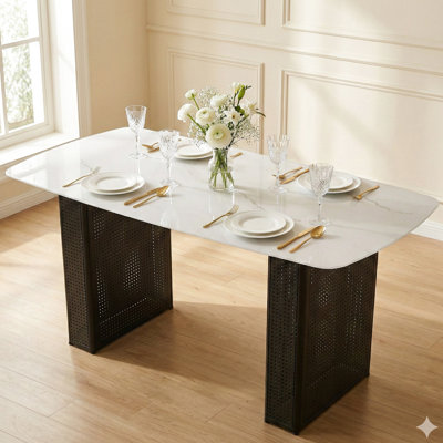 Modern Rectangular Dining Table Featuring Tempered Glass With Marble Pattern And Black Metal Dual - Pedestal Support, Good For Room Home Office, 3.74
