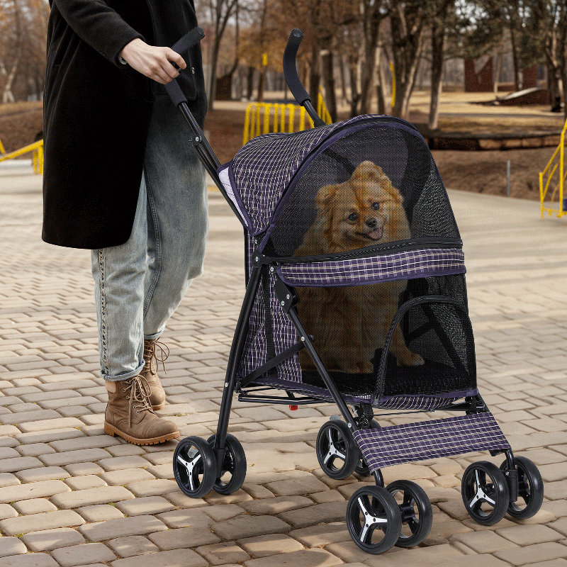 Plaid Steel Frame Foldable Pet Stroller with Rubber Wheels