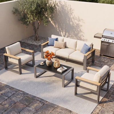 Ensembles de mobilier de patio en aluminium avec sièges surdimensionnés, ensemble de mobilier d'extérieur pour toutes les saisons, ensembles de conversation d'extérieur avec accoudoirs en bois doux au toucher