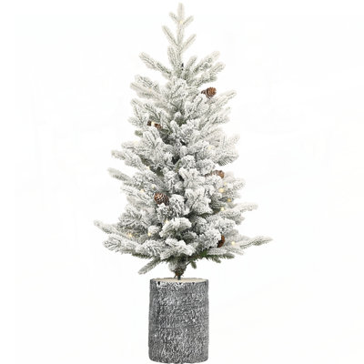 3FT Flocked Christmas Tree with Pot Base, 70 Warm White LED Lights, 365 Tips, PE+PVC Branches, 7 Pine Cones Perfect for Small Spaces and Holiday Decor