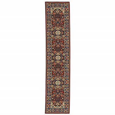 2' X 10' Blue And Red Oriental Power Loom Runner Rug With Fringe