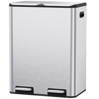 Poubelle de cuisine double 16 gallons, poubelle à pédale en acier inoxydable avec désodorisant intégré, poubelle de recyclage, 2 boîtes intégrées pour le contrôle des odeurs, couvercle à fermeture douce, 2 seaux, pédale de pied, poignée latérale, pour Bureau à domicile