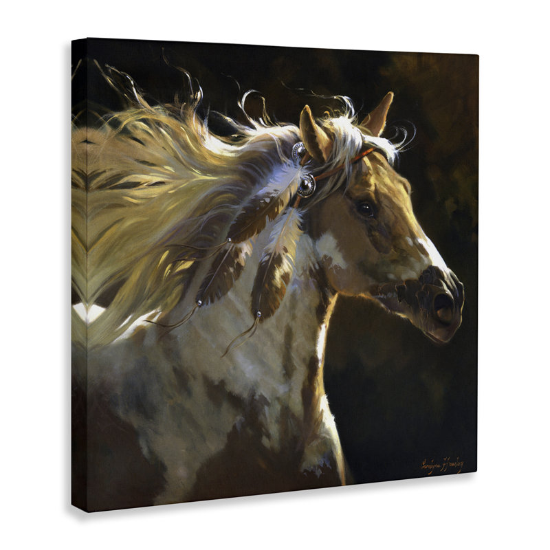 «Windblown Horse with Feather Ornement», art mural par Carolyne Hawley, H 24 po x l 24 po