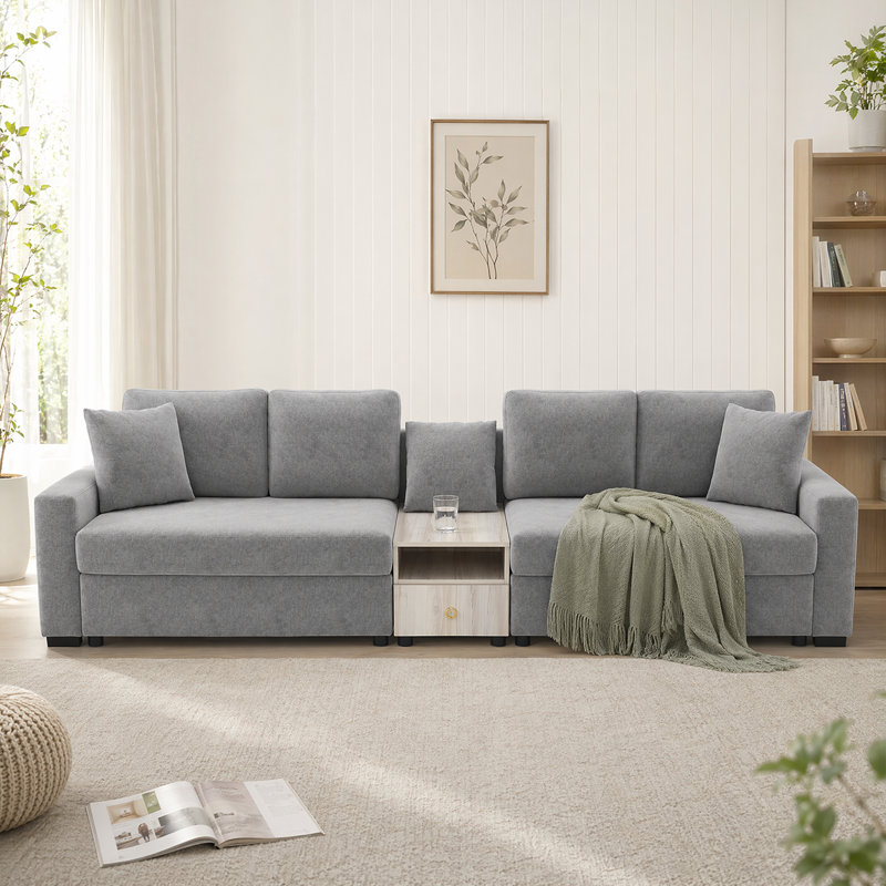 Canapé modulaire avec console centrale intégrée et accoudoirs de rangement pour les meubles de salon, Gris