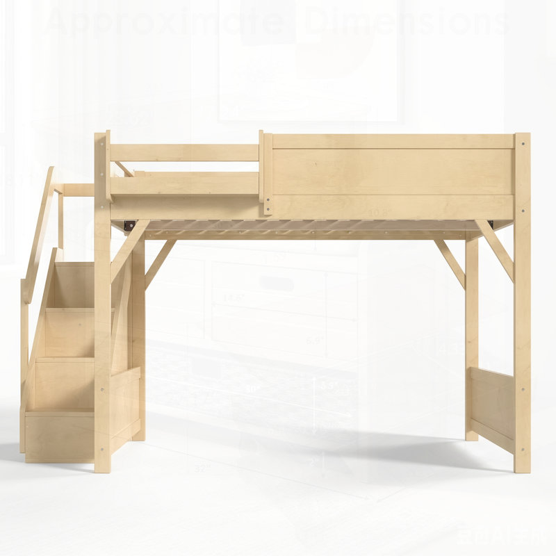Lit mezzanine avec garde-robe et espace de rangement intégrés, fabrication en bois massif, garde-corps pleine longueur, escalier et tablettes à côté, aucun sommier nécessaire