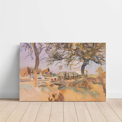 2D Flat, 1Pc Framed Canvas Wall Art, Desert Camp, Ox Cart and Tents, Watercolor Freehand Style Art Print Canvas Poster Painting Room Wall Decor, Ideal Gift For Bedroom Living Room Hallway Dorm, Ready To Hang