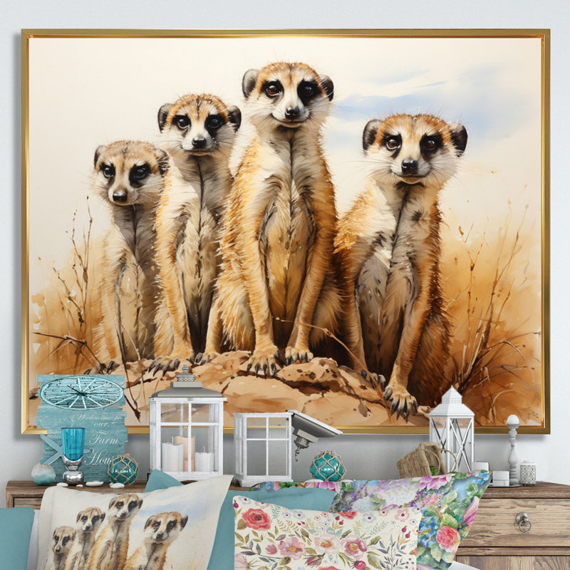 Impression sur toile, "Afrique suricate", Cadre flottant doré, H 12 po x l 20 po x P 1 po
