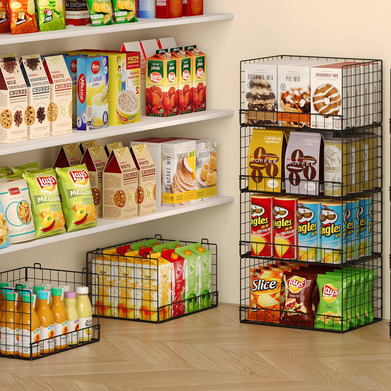 Paquet de 4 paniers grillagés empilables pour les organisateurs de garde-manger et le rangement, grand panier de garde-manger pour organisateur de collations, bac de rangement pliable pour fruits et légumes