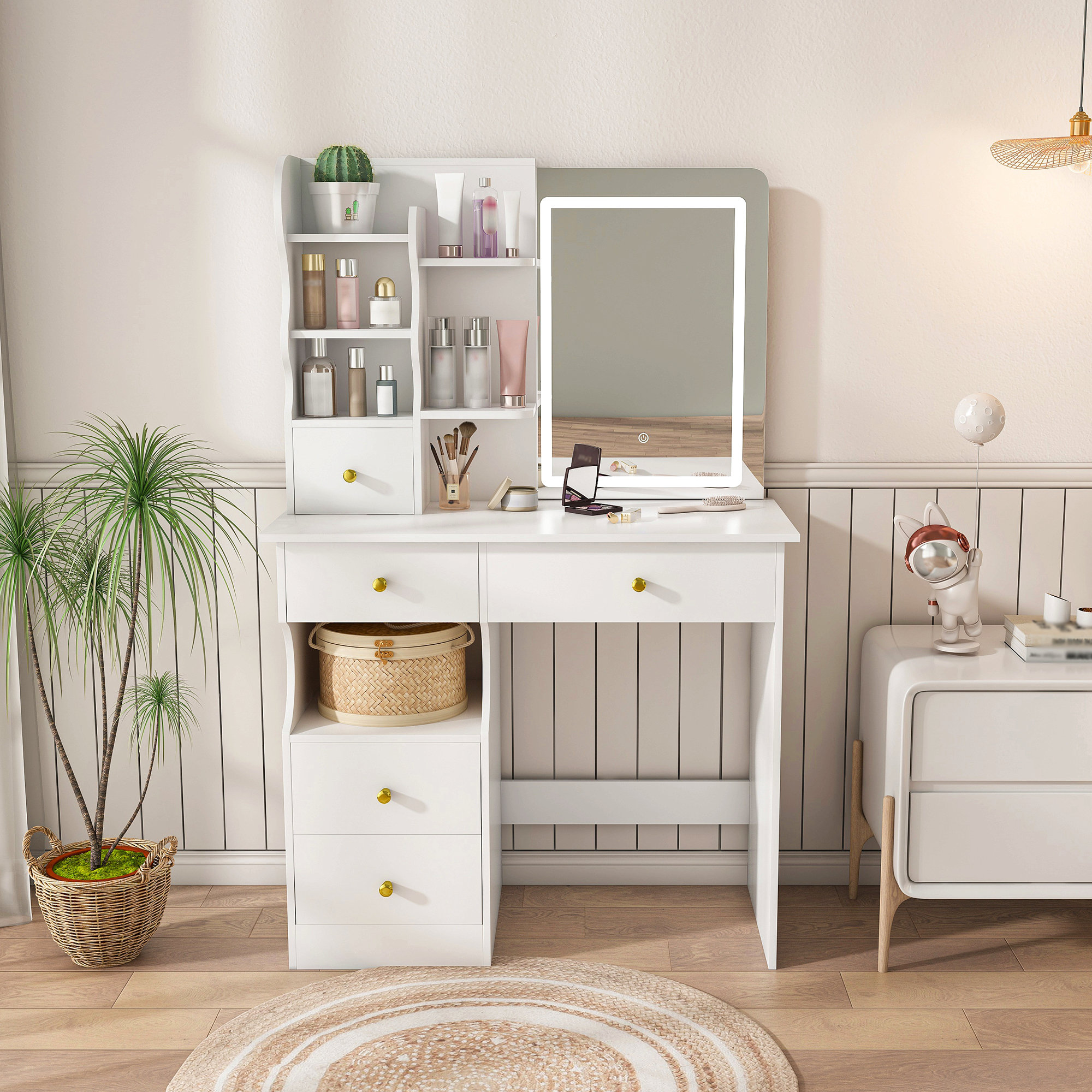 Wrought Studio White Dressing Table, Mirror And Led Light, 5-Drawer ...