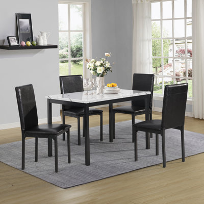 5 Piece Metal Dining Set With Laminated Faux Marble Top, Dining Table With 4 Chairs