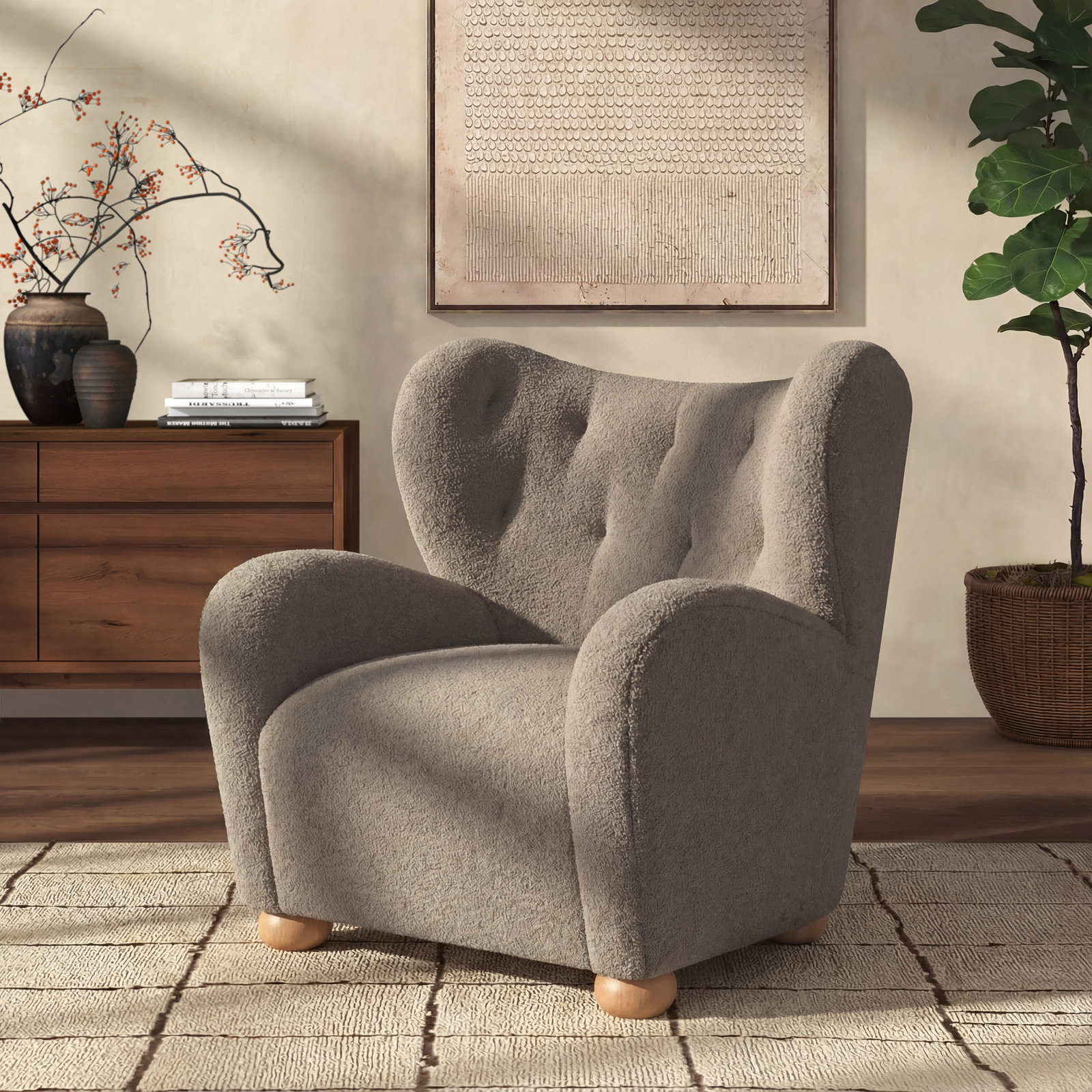 Levin Wingback Chair, Brown Faux Shearling